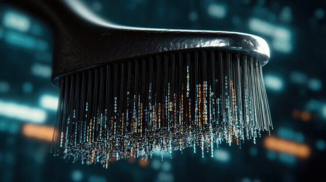 futuristic hairbrush with digital elements, showcasing blend of technology and grooming. bristles appear to emit glowing data