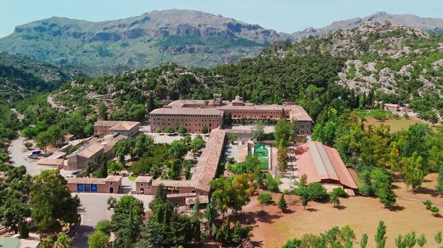 Aerial view of the Santuari de Lluc in Mallorca, Balearic Islands, Spain.