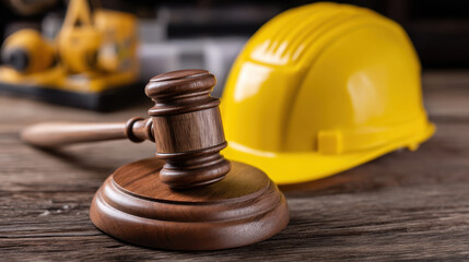 gavel rests on wooden block next to yellow hard hat, symbolizing construction law and safety regulations
