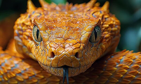 Close-Up of a Fierce Orange Snake with Intricate Patterns and Distinctive Features in Its Natural Habitat