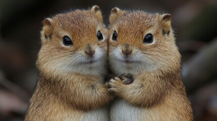 Obraz premium Two adorable chipmunks holding hands.