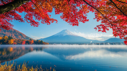 Colorful Autumn Season and Mountain Fuji with morning fog and red leaves at lake.