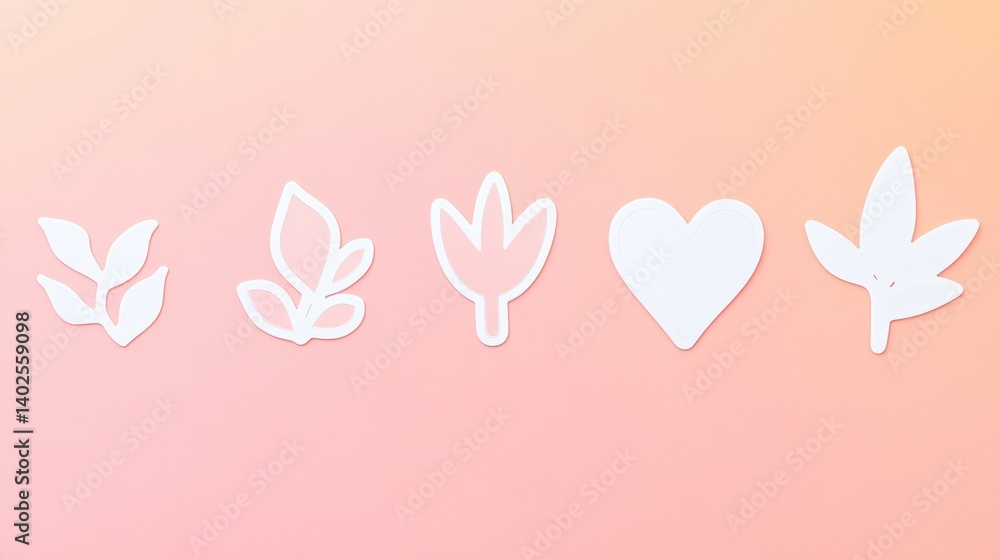 Poster Simple white sticker shapes on a soft pastel background create a minimal design with clean lines, showcasing nature-inspired forms arranged elegantly