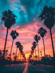 Vibrant Sunset Over Palm-Lined Street: A Colorful Evening in California's Urban Landscape