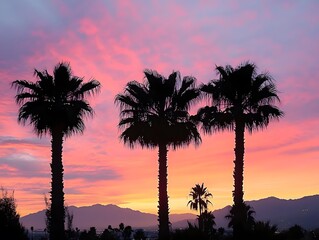 Obraz premium Tropical Paradise Sunset: Silhouetted Palm Trees Against a Pink Sky – Exotic Landscape and Relaxation at Golden Hour