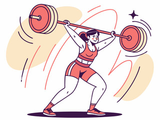 Strong woman lifting weights in a dynamic vector illustration, showcasing power and determination.