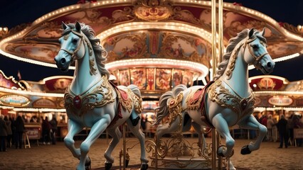 "Vibrant Carousel with Playful Horses: A Magical Ride Through Color and Fantasy"