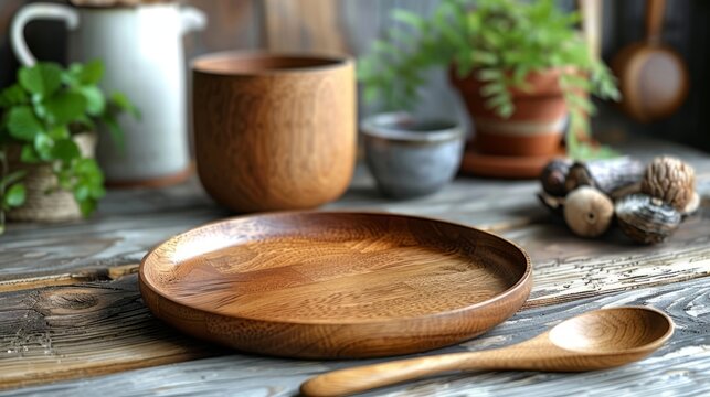 A beautifully crafted wooden plate and spoon rest on a rustic wooden table, surrounded by various potted plants, creating a warm and inviting atmosphere - Powered by Adobe