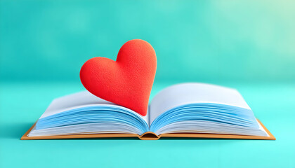 Red heart on open book against teal background