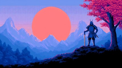 Fototapeta premium Pixel Art Samurai in Sunset with Mountains and Cherry Blossoms