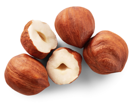 Hazelnut isolated png. Peeled hazelnut top view on transparent background. Forest filbert nut no background. Hazelnut transparent png flat lay composition. Full depth of field.