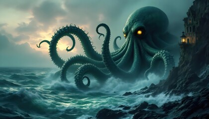 Giant Kraken Ocean Monster Art Dark Fantasy Sea Scene