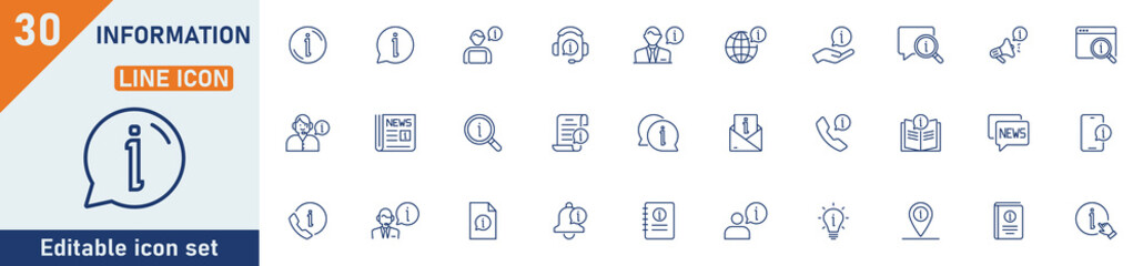 Information line icon set. Set of 30 outline icons related to info, news, call center, help, inform, service, instruction and others. Editable stroke. Vector illustration.