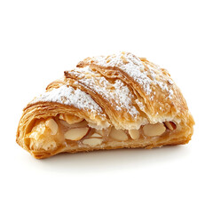 A freshly baked almond croissant with a golden flaky crust, soft buttery layers, and almond filling peeking out