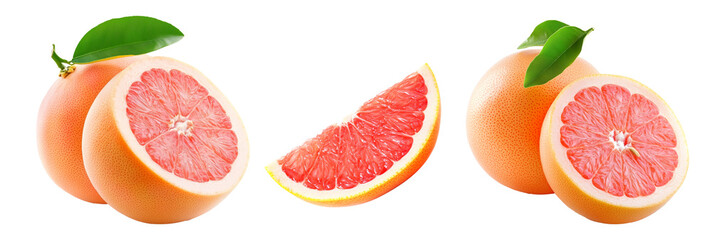 Set of grapefruit with green leaves isolated on white transparent background. Concept of healthy citrus fruit.