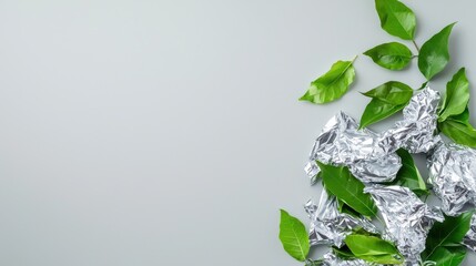 A Pile of Shiny Aluminum Foil Surrounded by Fresh Green Leaves in Nature