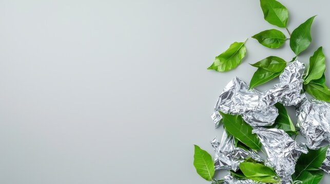 A Pile of Shiny Aluminum Foil Surrounded by Fresh Green Leaves in Nature