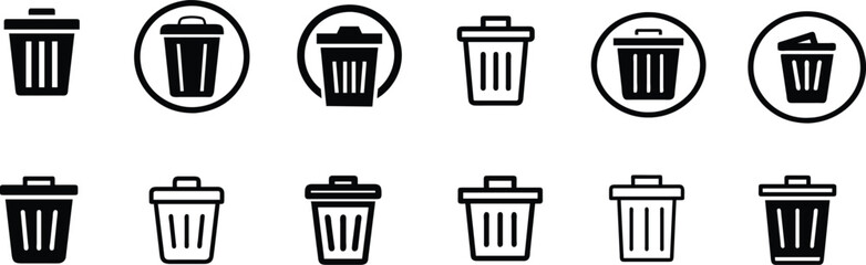 Trash Can Icons: A set of simple, monochrome trash can icons, each with a unique design and style. Ideal for use in web design, app development, and digital interfaces.