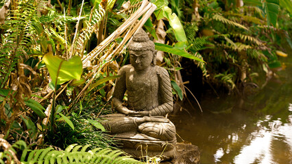 buddha statue next to river in nature
