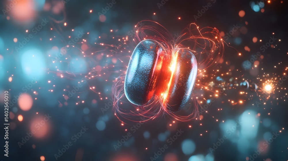 Poster two objects with glowing energy effects in a cosmic background