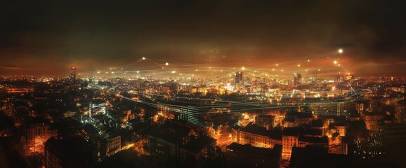 Fototapeta premium Night city panorama, warm hues