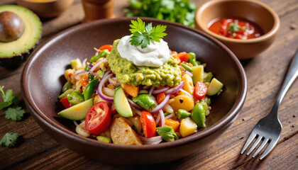 Colorful salad bowl with fresh ingredients and guacamole  