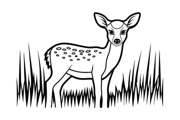 Line Art Drawing of a Fawn in Tall Grass