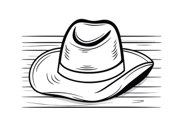 Classic Cowboy Hat Resting on Wooden Surface, Line Art Illustration