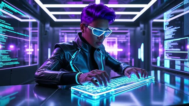 Young male hacker works intensely on a computer in a dark room illuminated by neon lights. He is typing rapidly on a keyboard