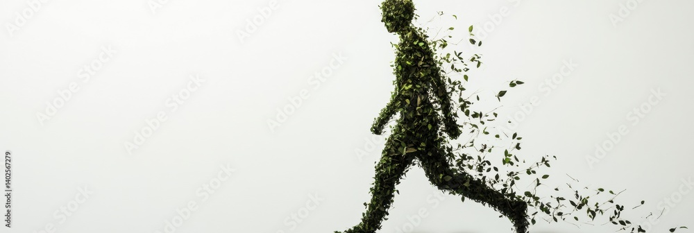 Poster silhouette of a person walking made of leaves and twigs on a white background illustrating nature an