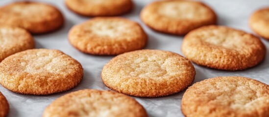Golden cookies cooling on parchment, kitchen background, baking