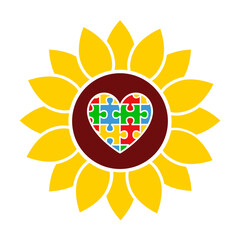 Autism jigsaw puzzle heart with sunflower svg cut file. Isolated vector illustration.