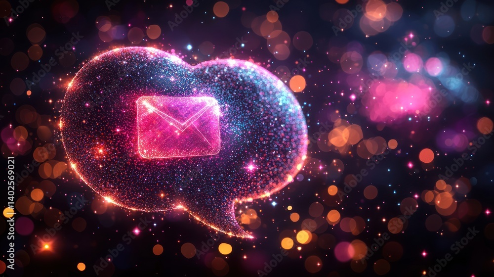 Poster digital message: glowing email in a particle speech bubble