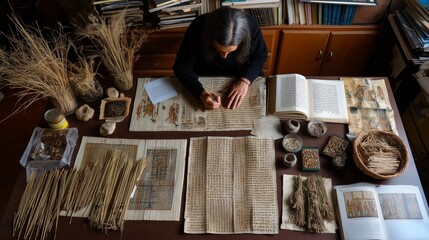 Scholar studying and translating Egyptian hieroglyphics on papyrus scrolls surrounded by ancient artifacts, natural materials, and research tools in an archaeological workspace