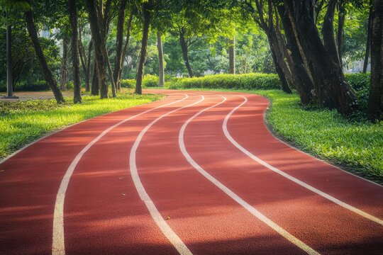Red running track winding through a lush park under soft sunlight