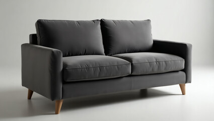 Fototapeta premium Product shot of a comfortable dark grey sofa with light wooden legs on a plain background