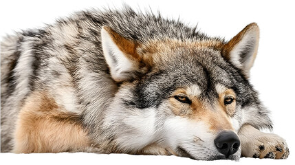 Fototapeta premium Wolf with soft and majestic fur, wolf relaxing on the ground, isolated on transparent background