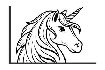 Majestic Unicorn Head Profile, Line Art, Black and White Illustration