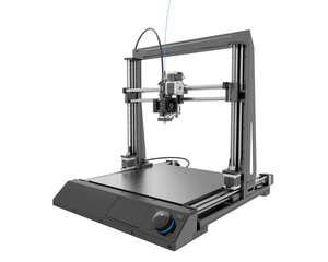 Isometric view of a black 3D Printer. Modern technologies concept. Isolated on a transparent background. 3d illustration.