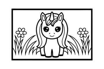 Adorable Cartoon Unicorn Coloring Page, Flowers, Grass, Cute