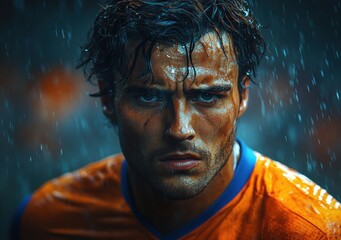 emotional soccer player in orange and blue uniform feeling defeat in dramatic stadium lighting