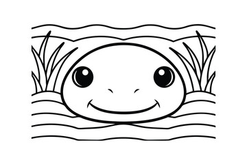 Smiling Turtle Face In Water With Aquatic Plants Cartoon Vector Illustration Black And White Outline