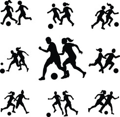 Silhouette of Female Soccer Players in Action with Ball