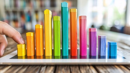Fototapeta premium Colorful Wooden Blocks Representing Data Growth on a Digital Tablet with Blurred Background and Finger Interaction