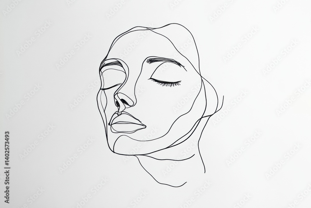Aufkleber single-line abstract face drawing in black ink showcasing modern minimalism on white paper, perfectl