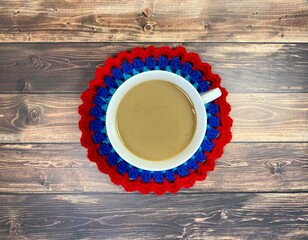 Cup of coffee and crocheted doily mandala photo