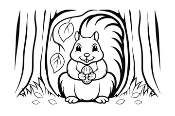 Adorable Squirrel Cartoon With Nut In Forest Black And White Line Art Perfect For Coloring Books And Illustrations