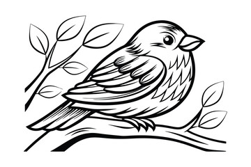 Monochrome Bird Illustration Sitting On Branch With Leaves Minimalist Design Graphic Detailed Black And White