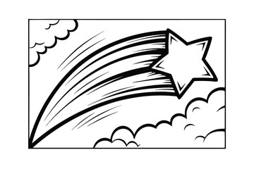 Black And White Comic Style Star With Speed Lines And Clouds In Frame Illustration Vector