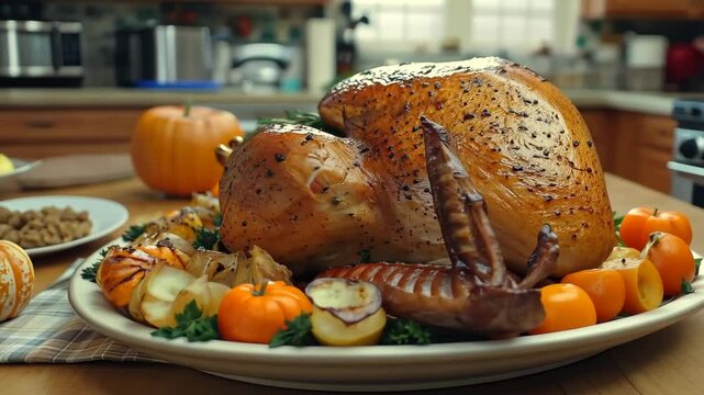 Thanksgiving turkey feast in a cozy kitchen with seasonal decorations and sides ready for celebration